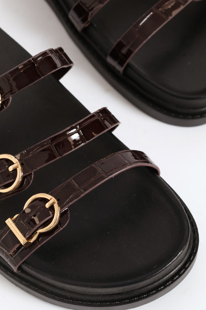3 Strap Patent Slide - Choco Romance