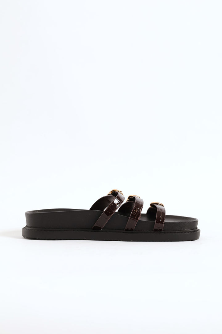 3 Strap Patent Slide - Choco Romance