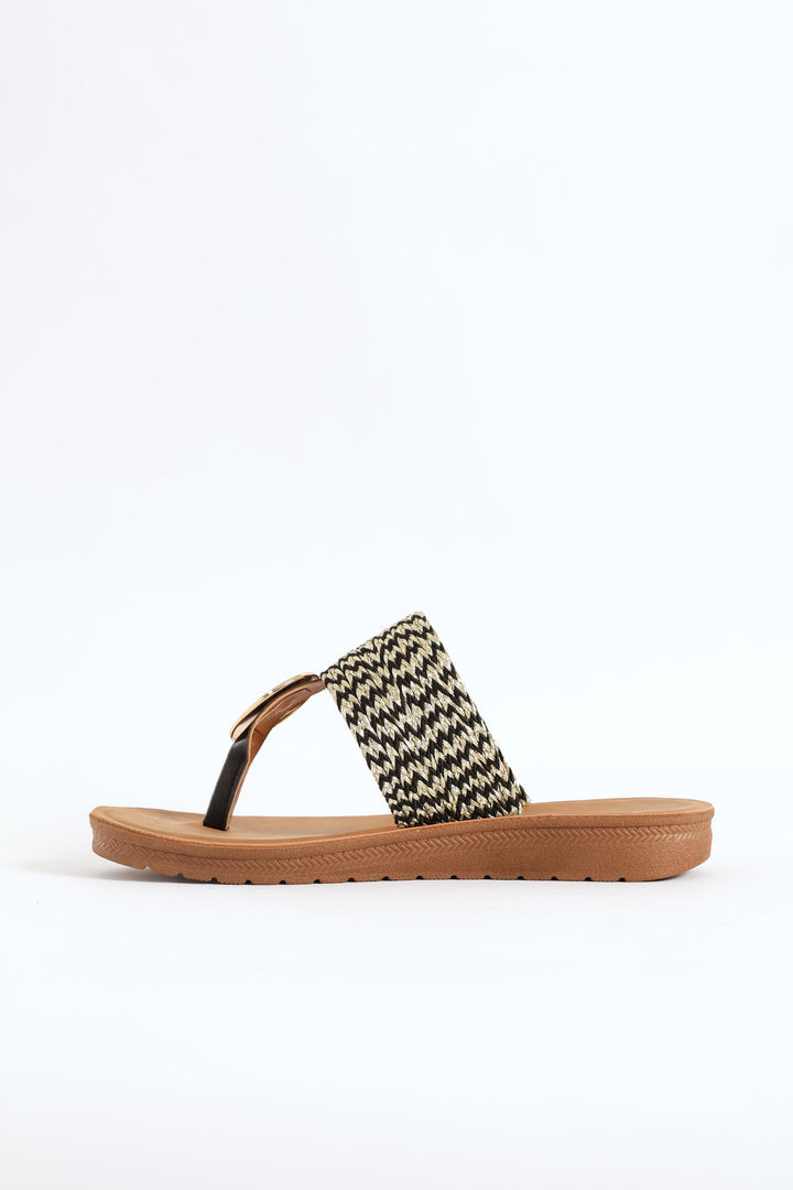 Thong Sandal With Aztec Detail On Comfort Outsole - Black