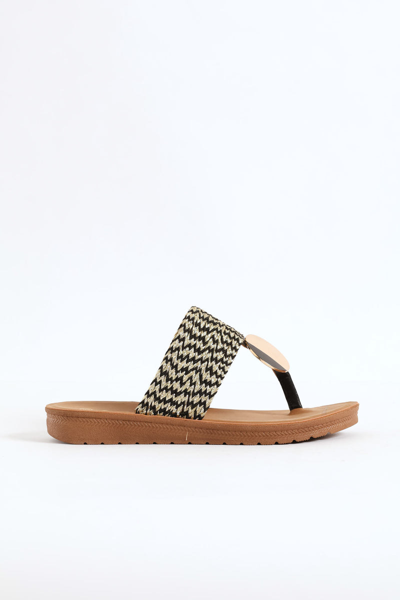Thong Sandal With Aztec Detail On Comfort Outsole - Black