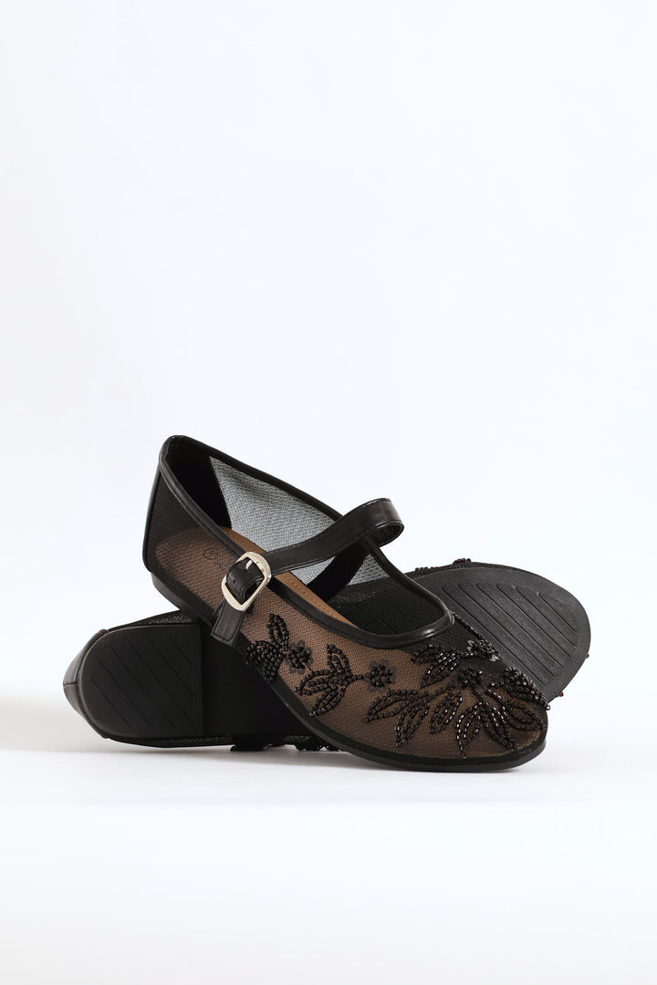 Floral Detail Mesh Pump - Black