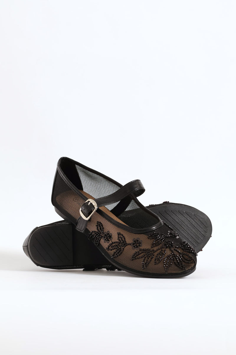 Floral Detail Mesh Pump - Black