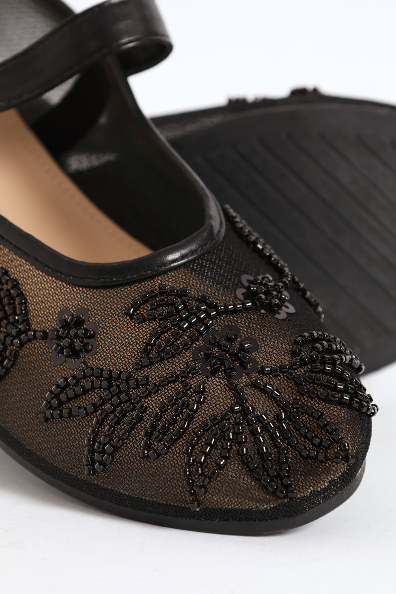 Floral Detail Mesh Pump - Black