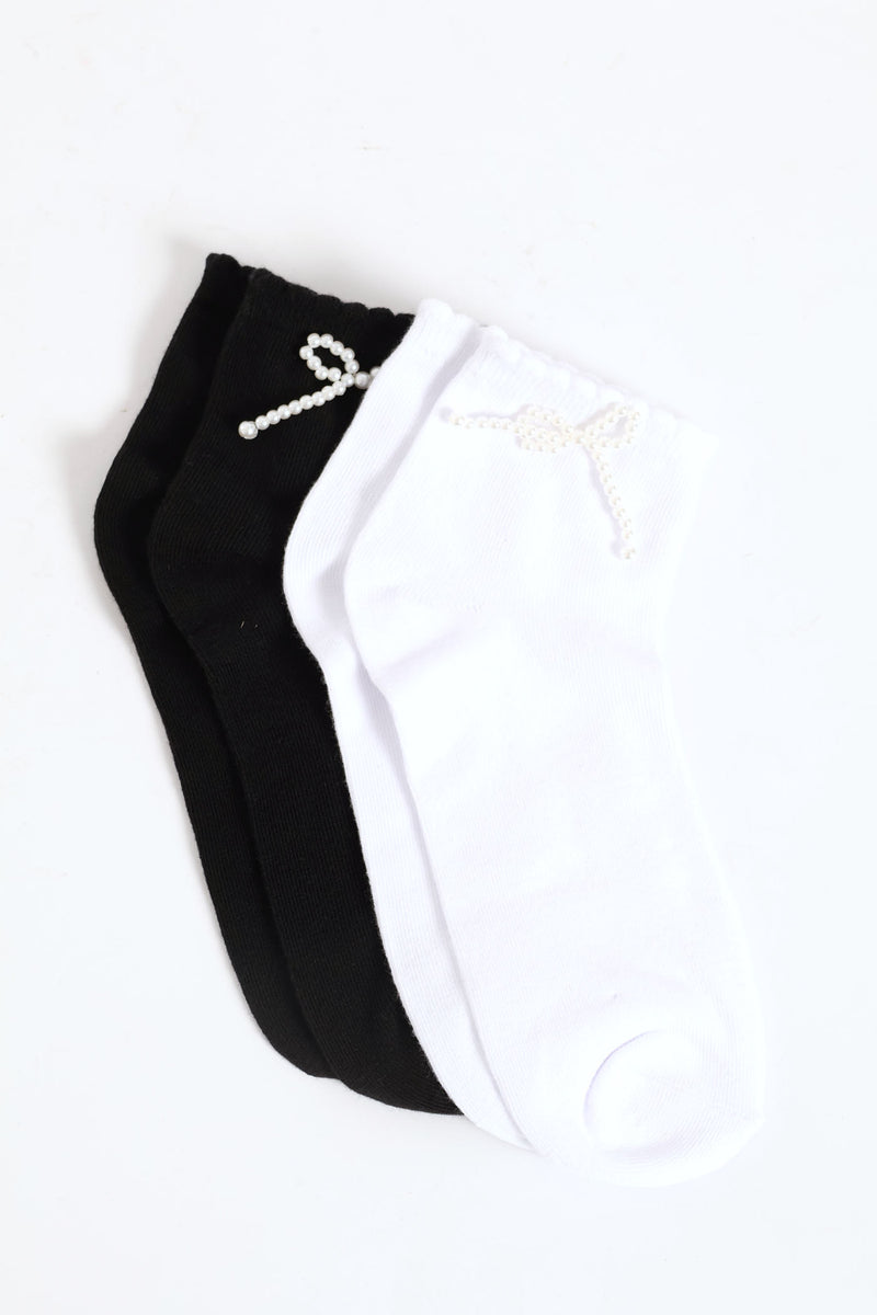 2 Pack 3D Pearl Bow Mid Crew Socks - Black/White