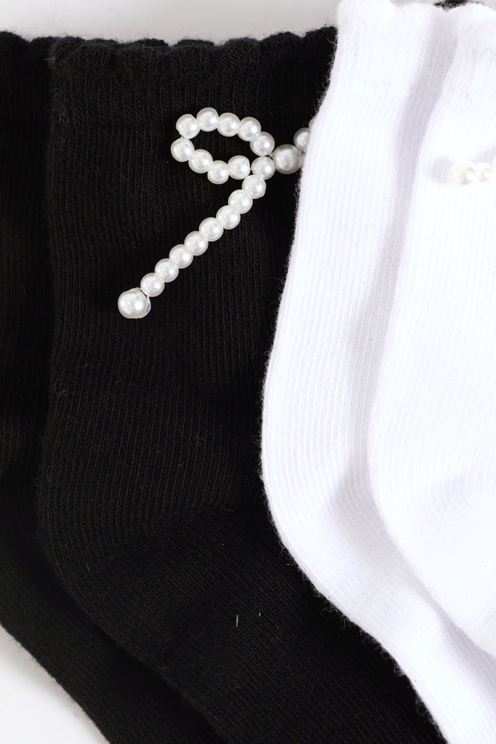 2 Pack 3D Pearl Bow Mid Crew Socks - Black/White