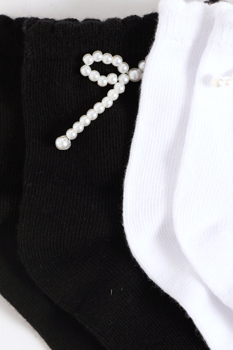 2 Pack 3D Pearl Bow Mid Crew Socks - Black/White