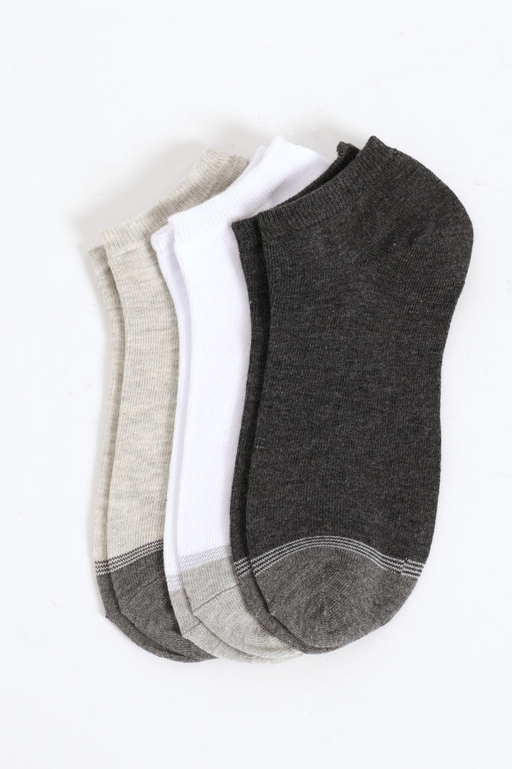 3 Pack Low Cut Socks - White/Grey/Charcoal