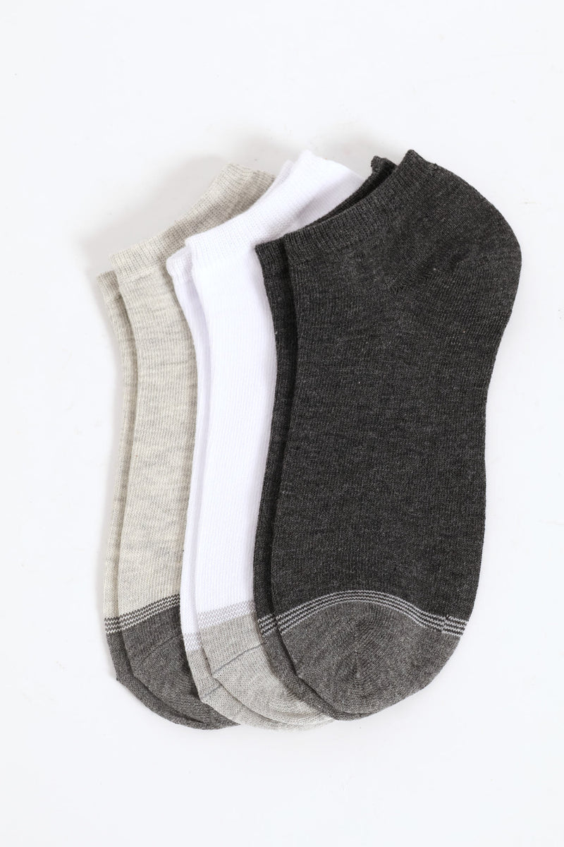 3 Pack Low Cut Socks - White/Grey/Charcoal