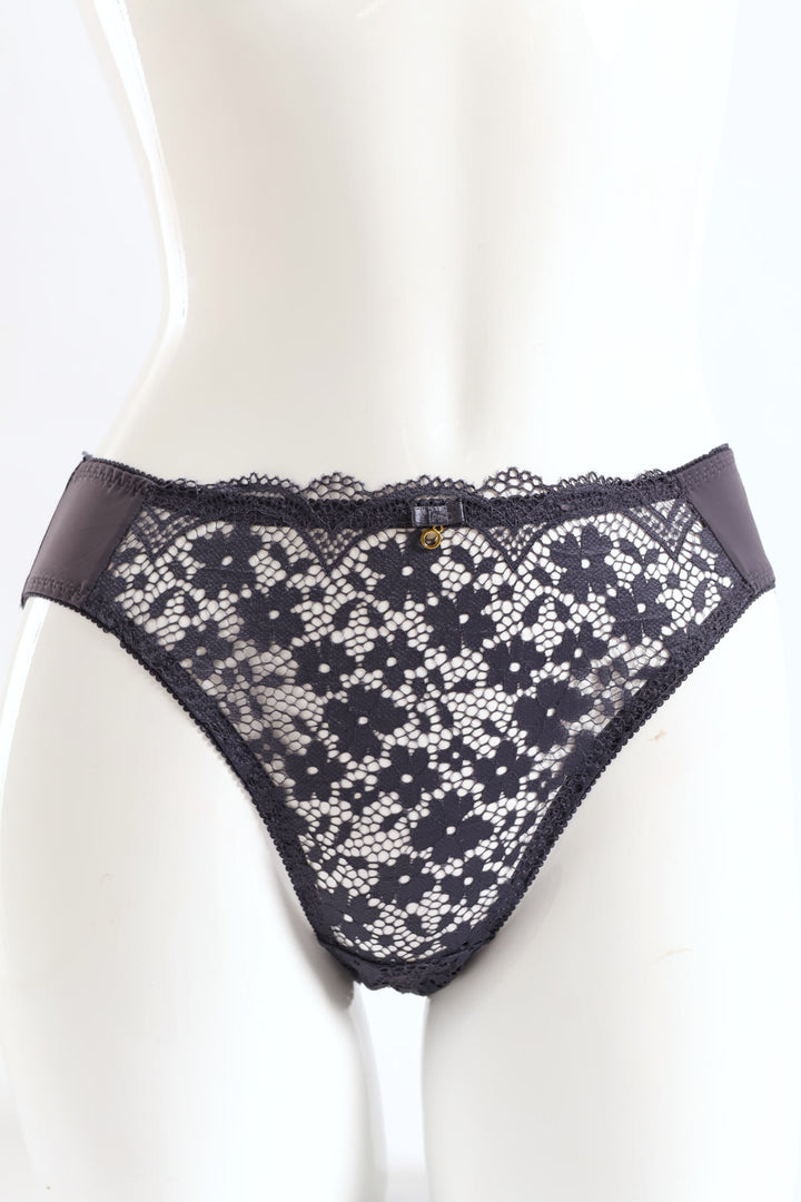 Microfibre & Lace Floral Hi-Cut Panty - Grey