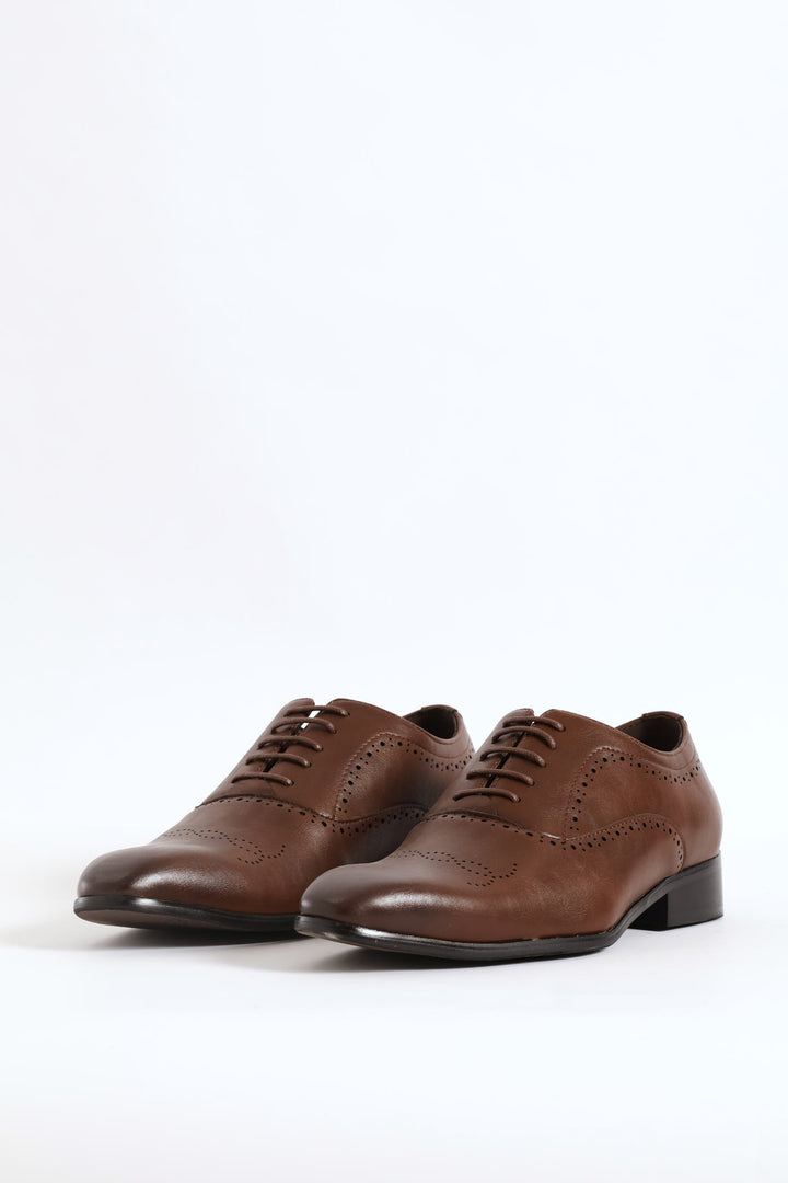Lace Up Punched Detail Oxford Shoe - Chocolate