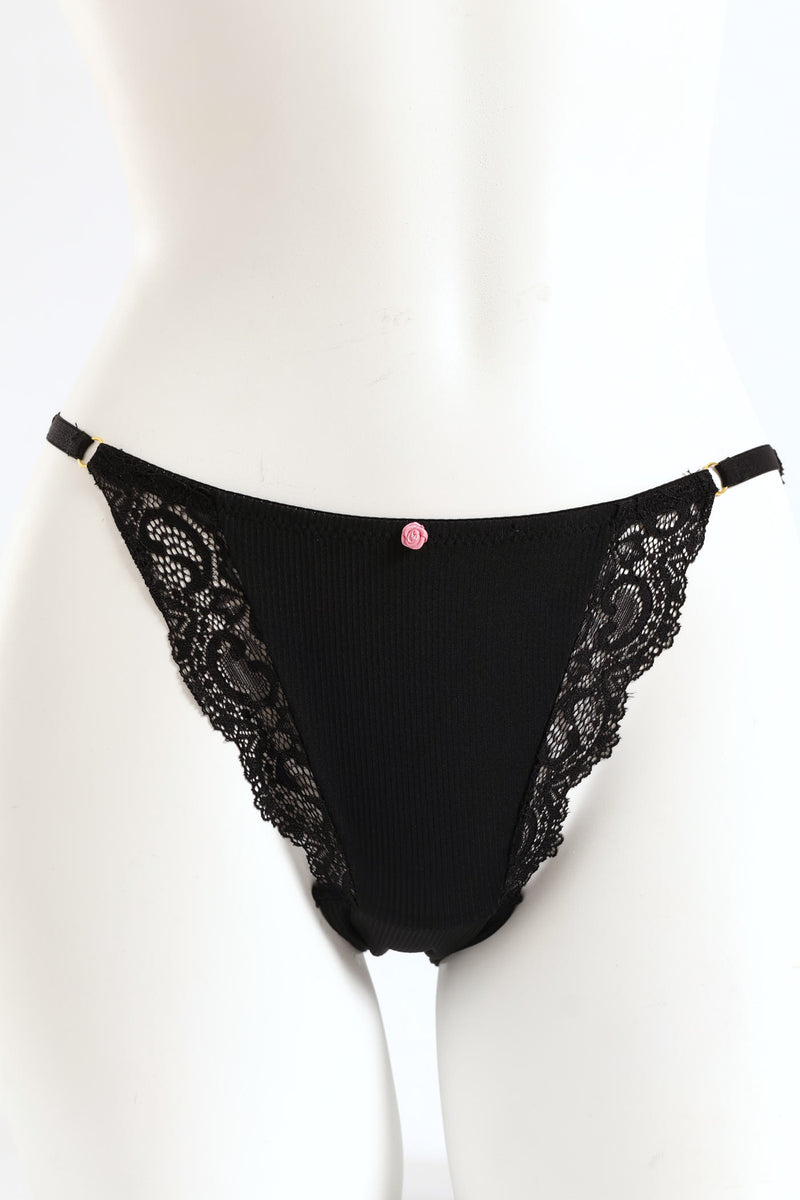 Rib & Lace Tanga Bikini Panty - Black