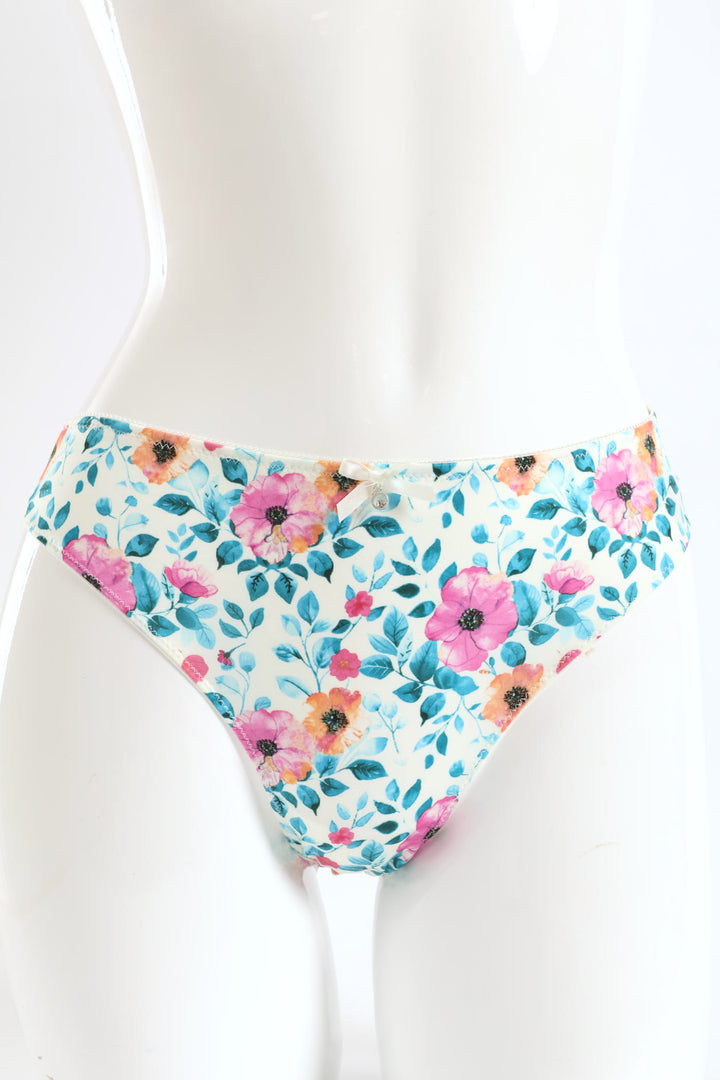 Printed Microfibre & Lace Bikini Panty - White