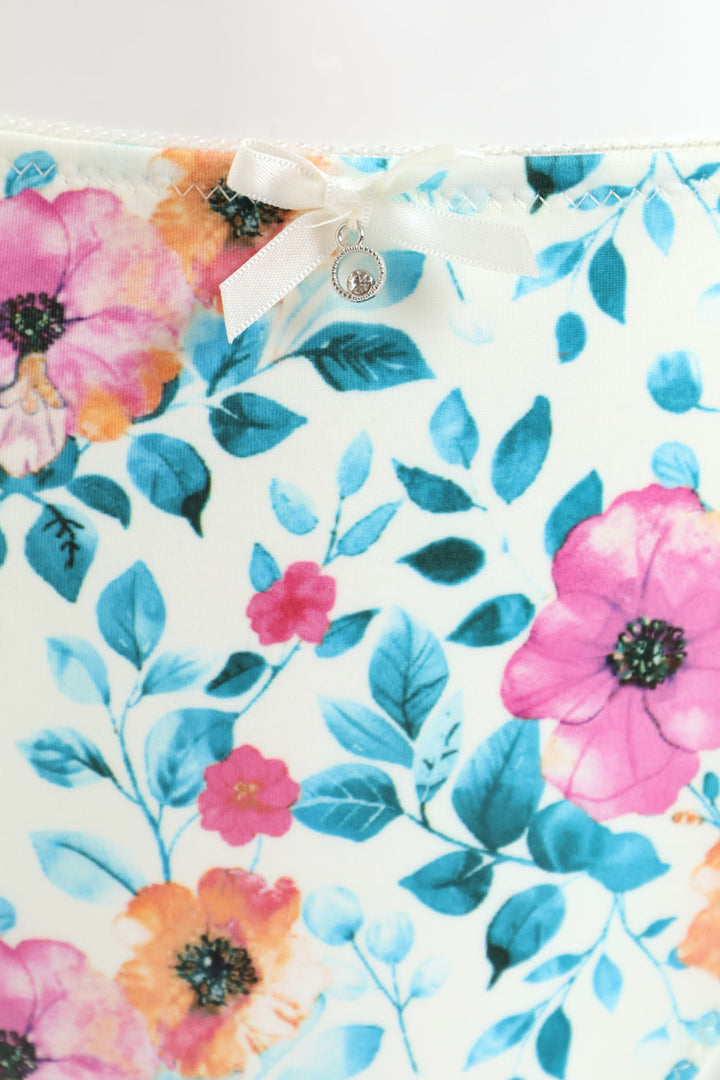 Printed Microfibre & Lace Bikini Panty - White