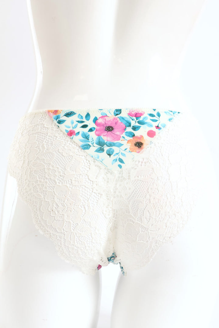 Printed Microfibre & Lace Bikini Panty - White