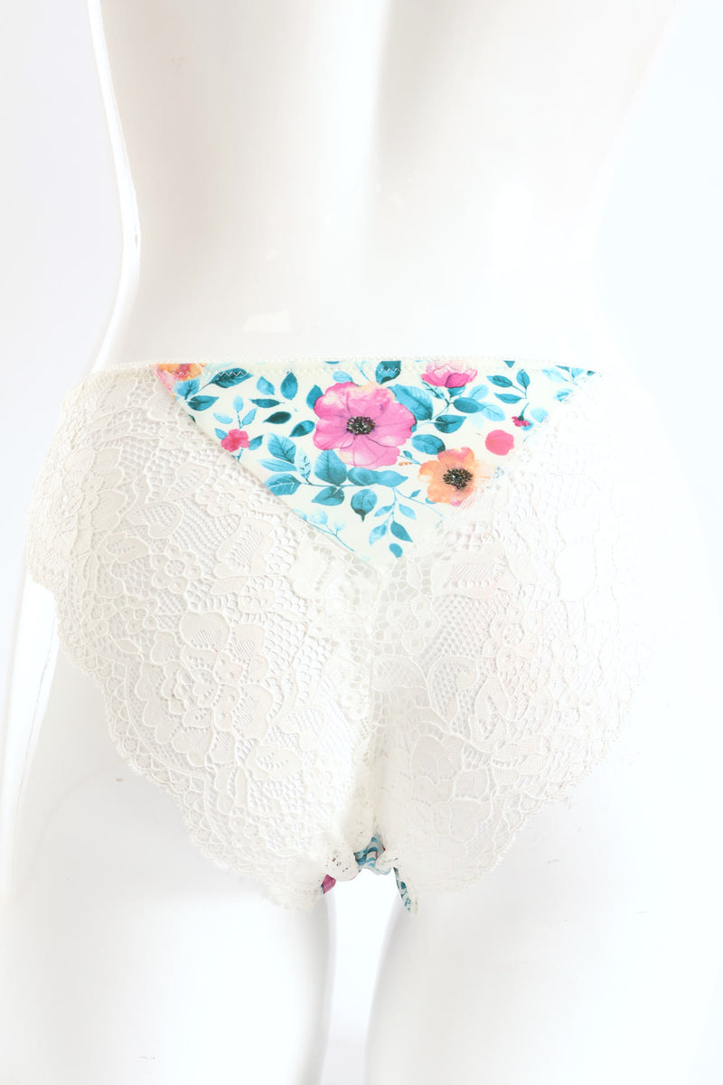 Printed Microfibre & Lace Bikini Panty - White