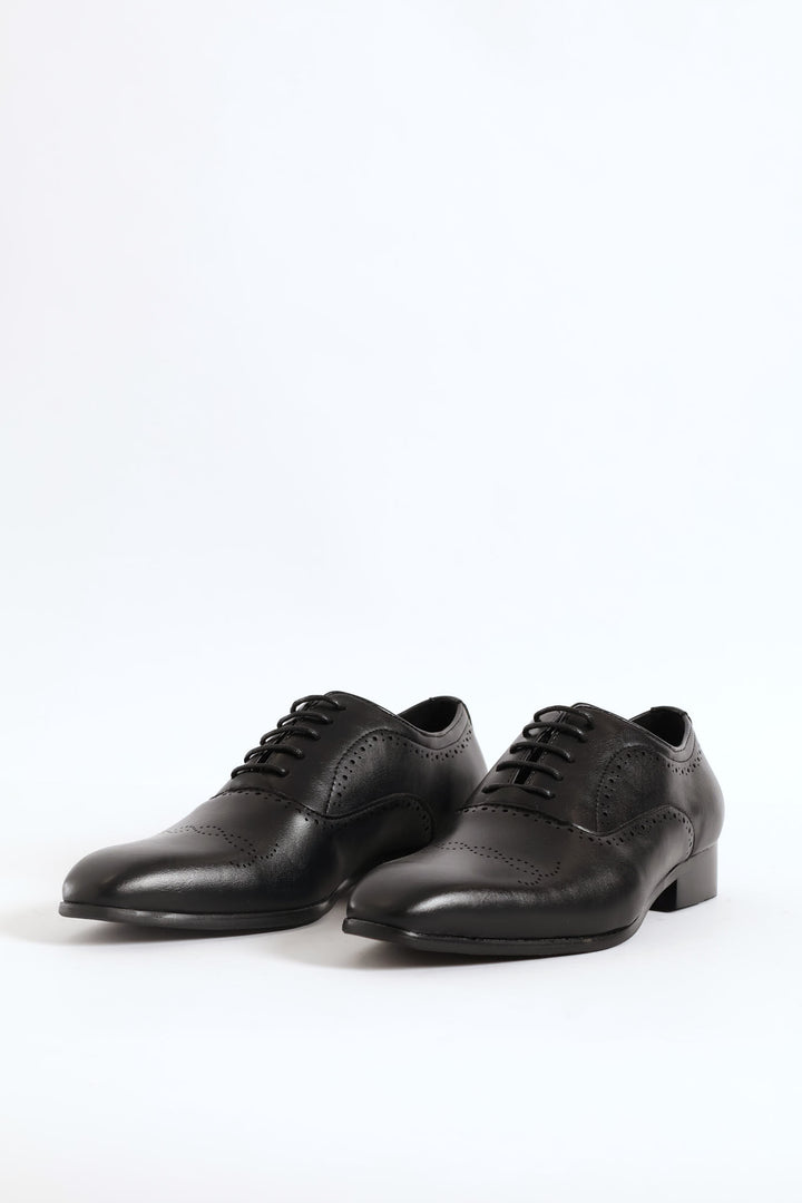 Lace Up Punched Detail Oxford Shoe - Black