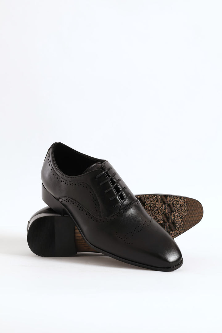 Lace Up Punched Detail Oxford Shoe - Black