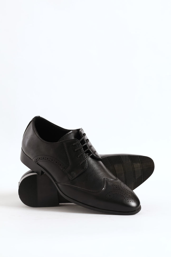 Stitched Wing Detail Lace Up Derby Shoe - Black