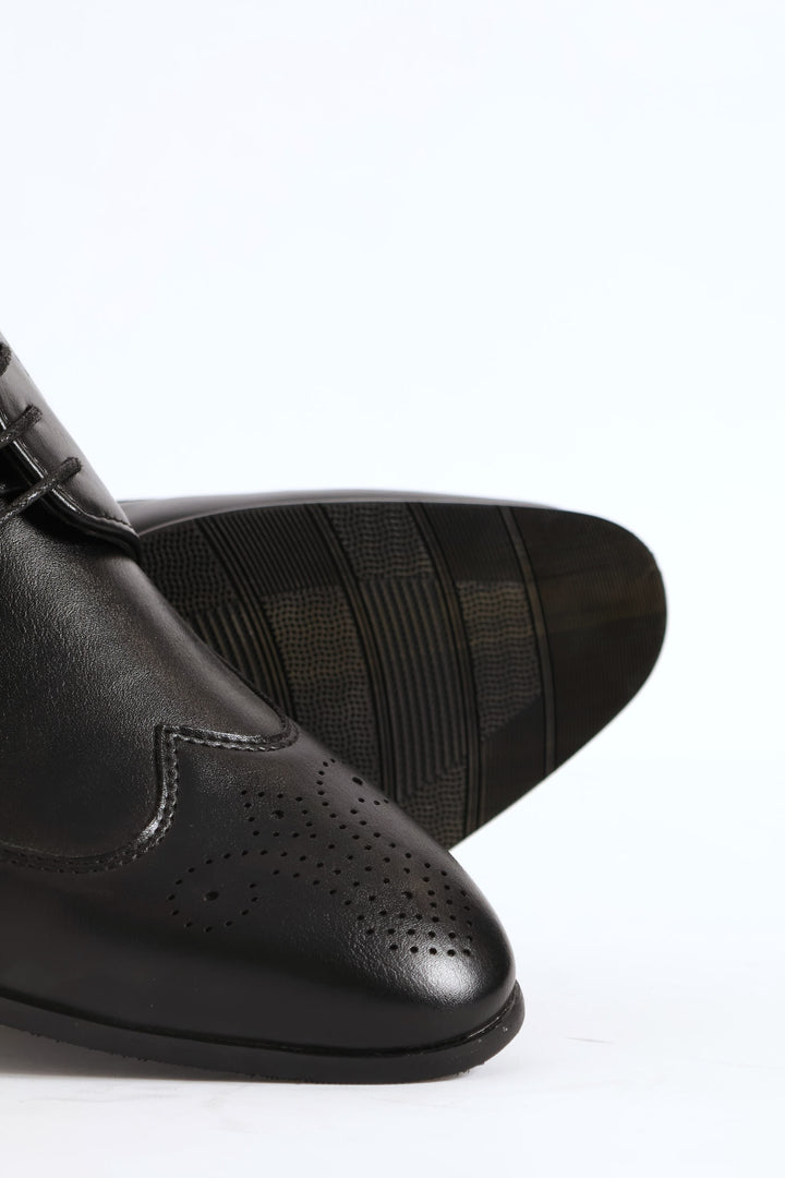 Stitched Wing Detail Lace Up Derby Shoe - Black