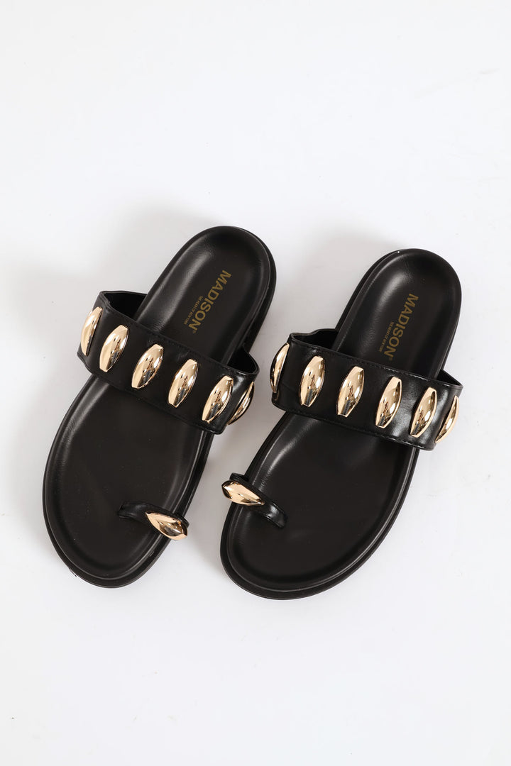 Toe Post Gold Detail Strap Sandal - Black