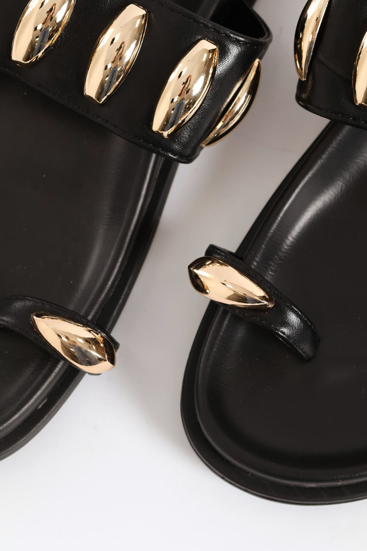 Toe Post Gold Detail Strap Sandal - Black
