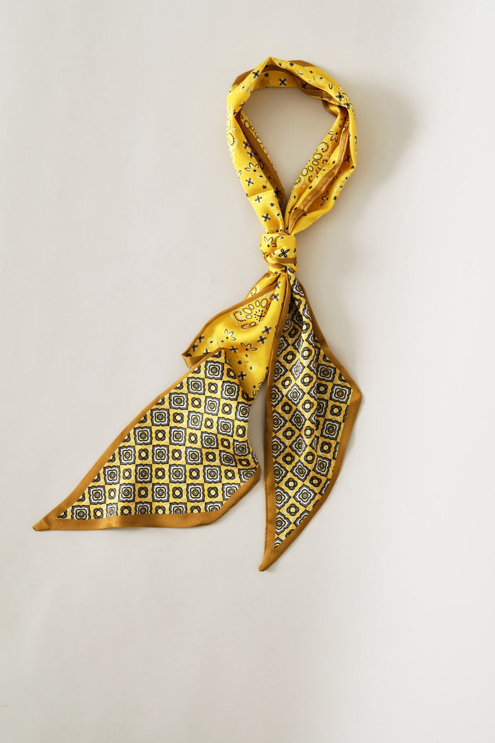 Floral Paisley Narrow Satin Fell Scarf - Yellow