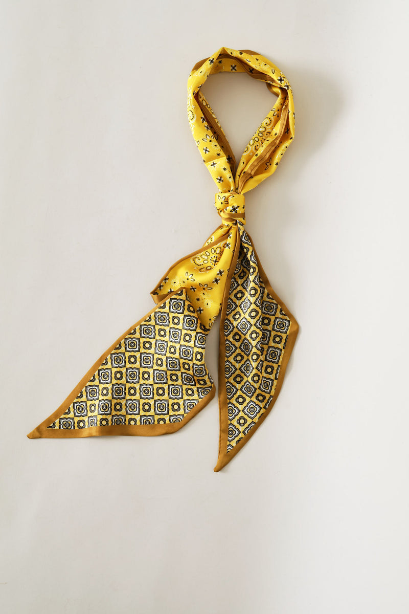 Floral Paisley Narrow Satin Fell Scarf - Yellow