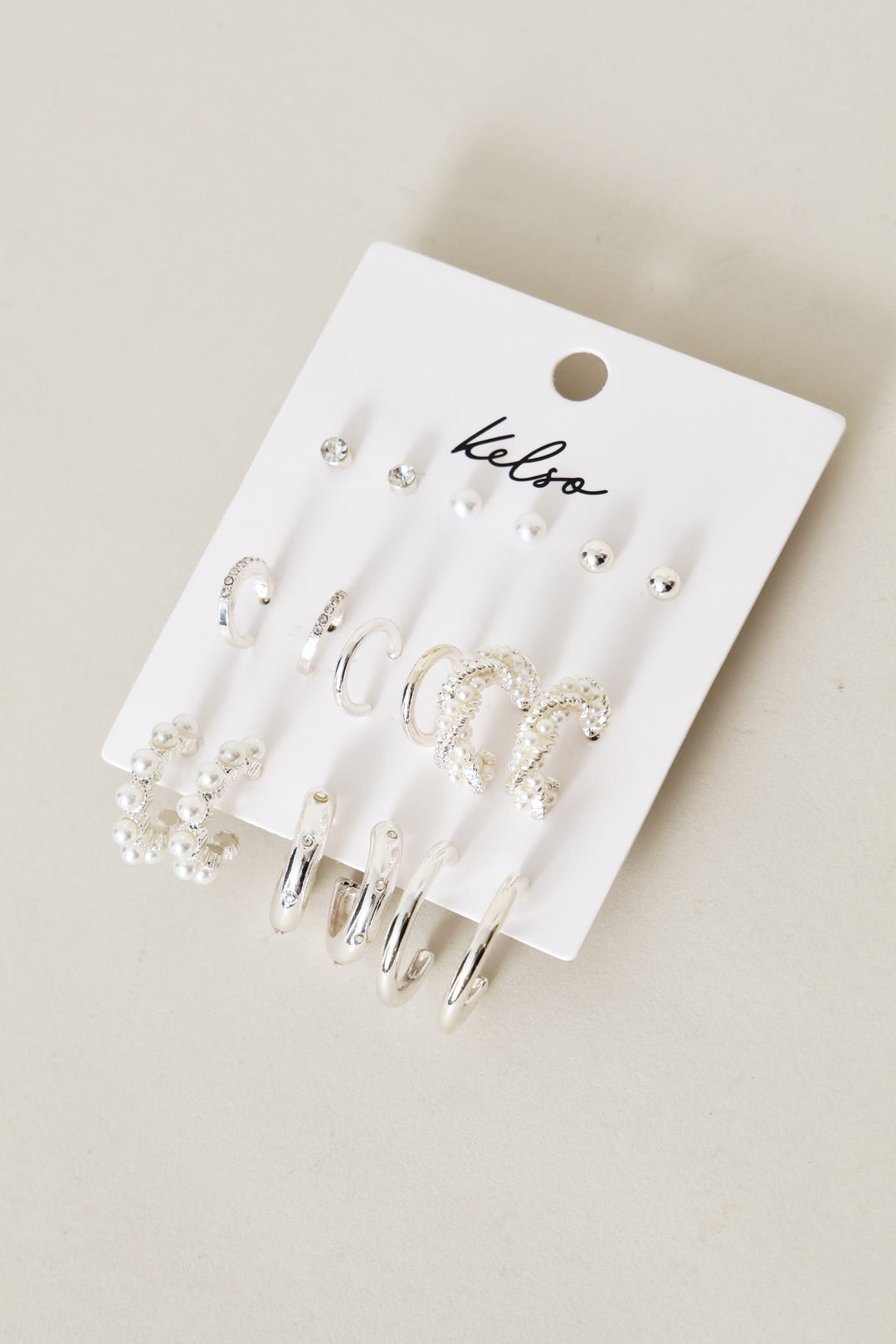9 Pack Stud Faux Pearl Bead Hoop Earrings - Silver