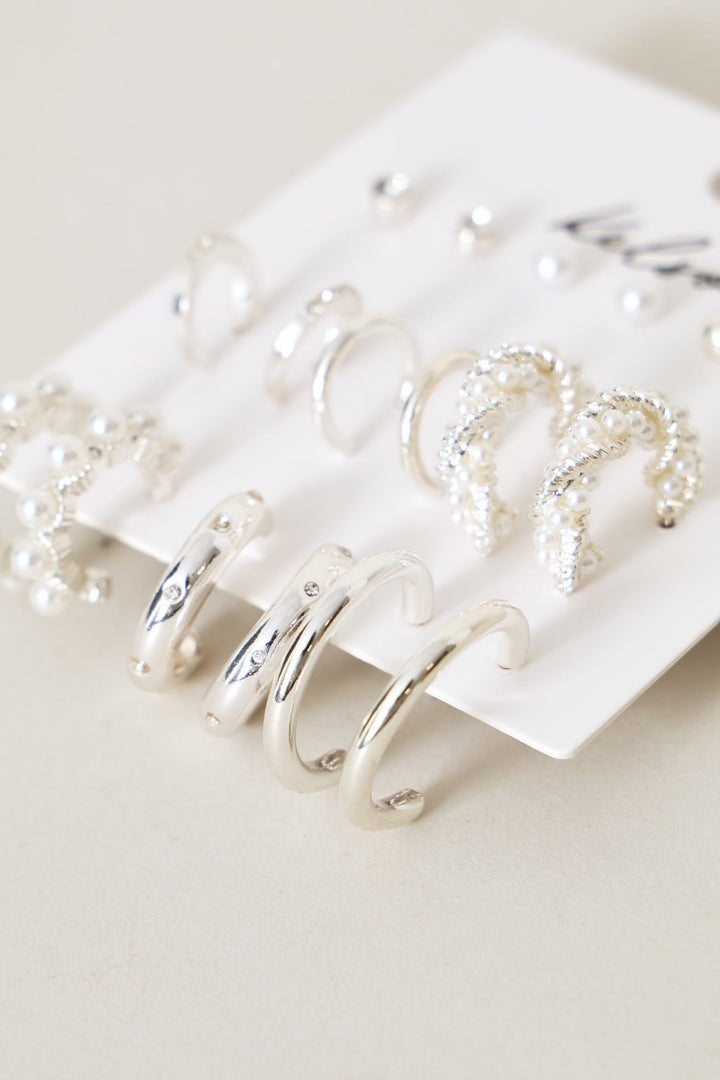 9 Pack Stud Faux Pearl Bead Hoop Earrings - Silver