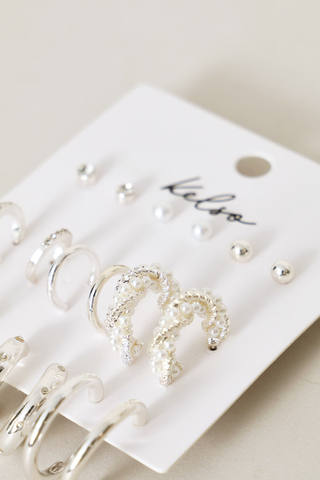 9 Pack Stud Faux Pearl Bead Hoop Earrings - Silver