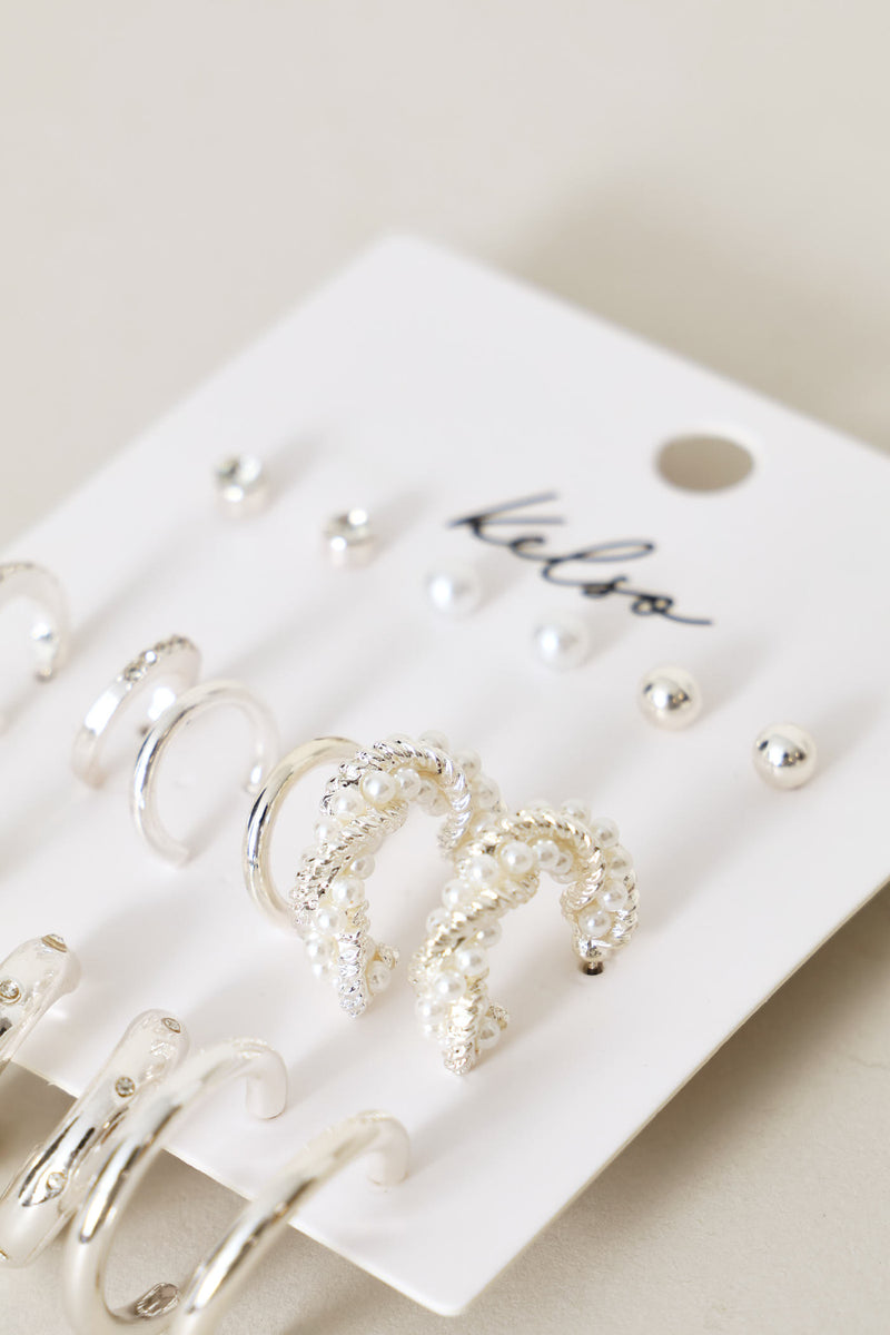 9 Pack Stud Faux Pearl Bead Hoop Earrings - Silver