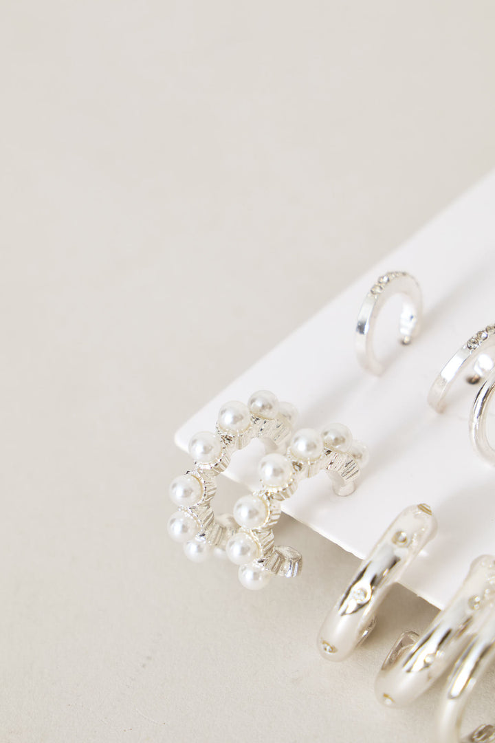9 Pack Stud Faux Pearl Bead Hoop Earrings - Silver