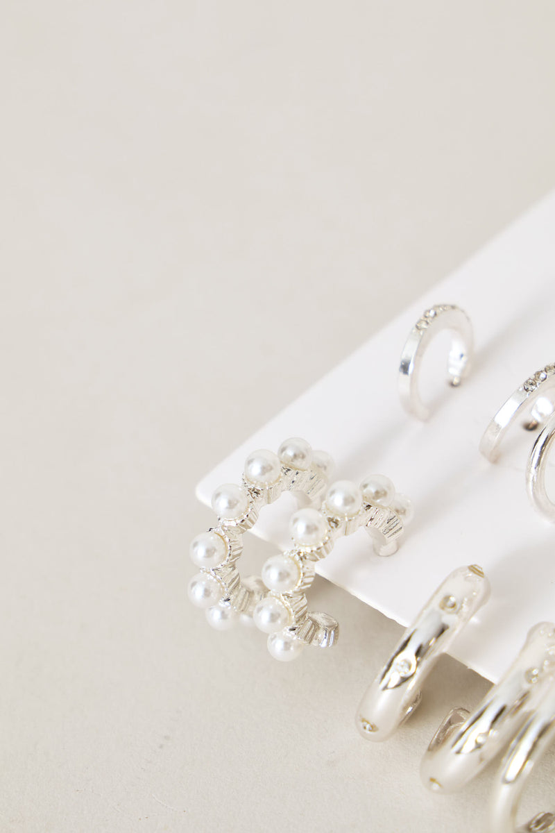 9 Pack Stud Faux Pearl Bead Hoop Earrings - Silver