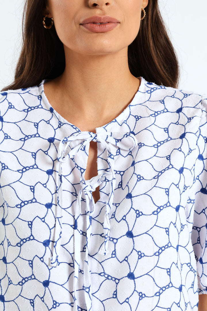 Two Tone Floral Lace Peplum Top - White/Blue