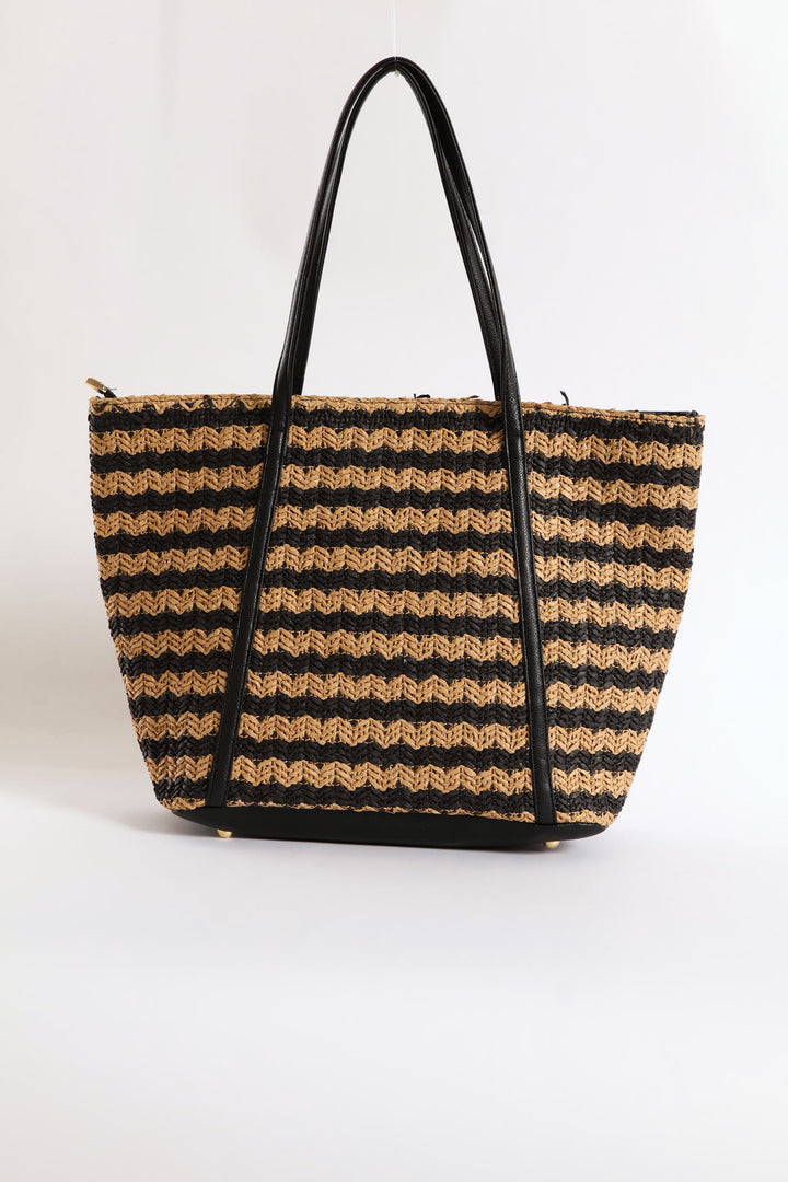 Straw Shopper Bag - Black/Tan