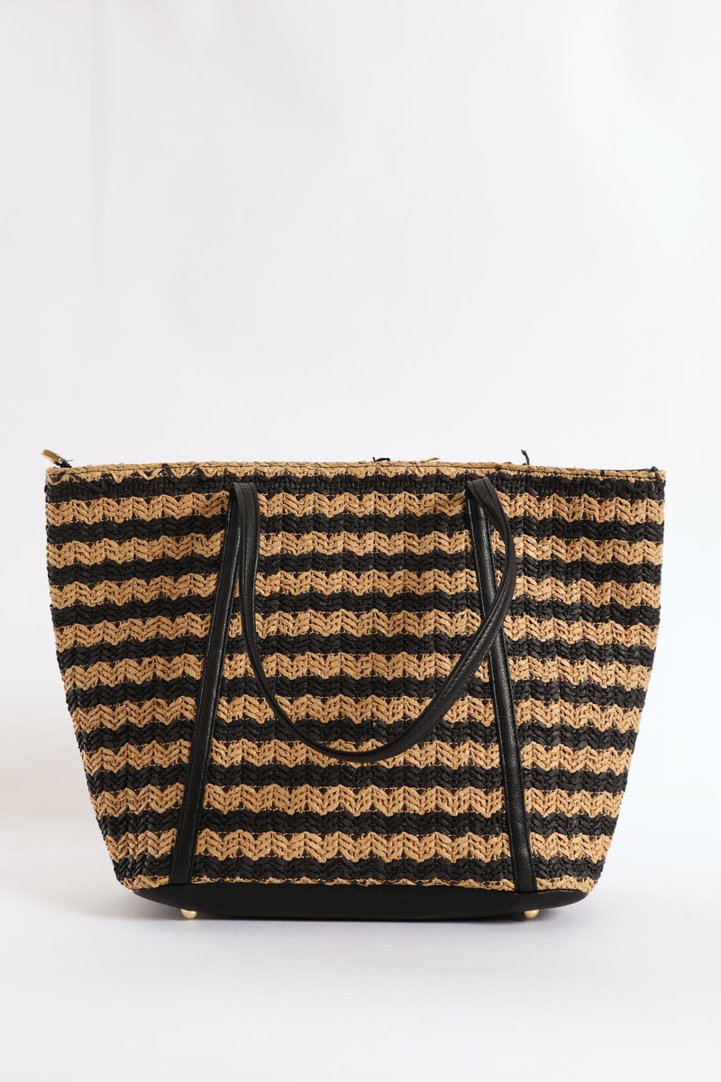 Straw Shopper Bag - Black/Tan