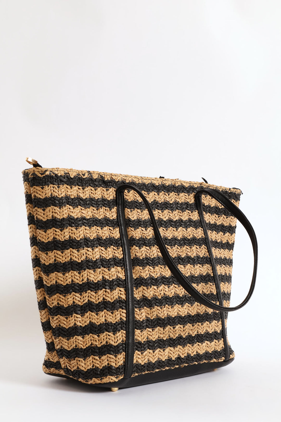 Straw Shopper Bag - Black/Tan