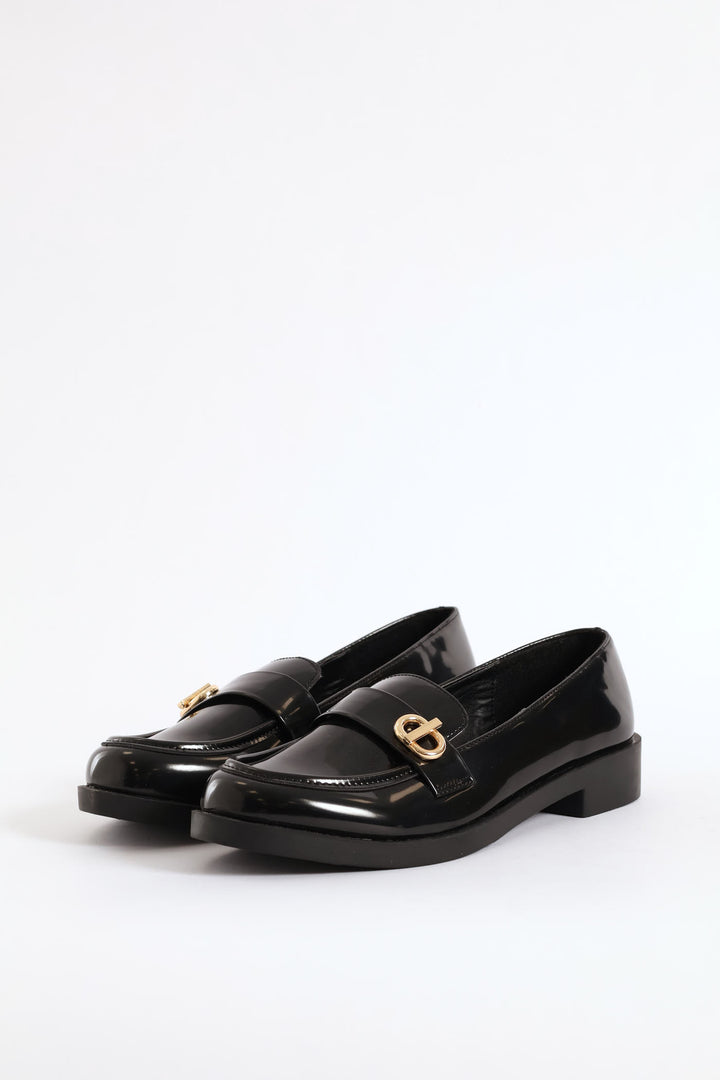 Side Circle Trim Shiny Loafer - Black