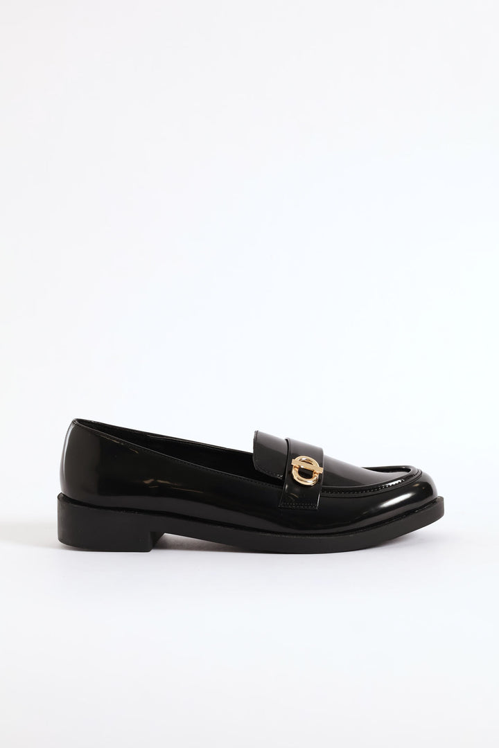 Side Circle Trim Shiny Loafer - Black