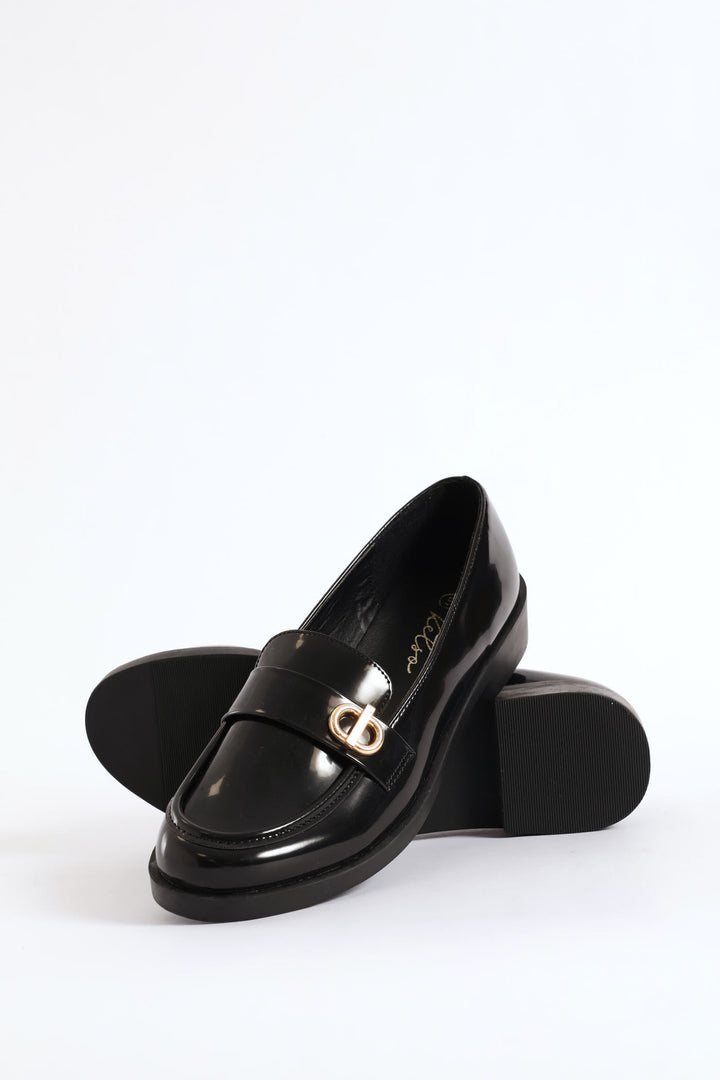 Side Circle Trim Shiny Loafer - Black