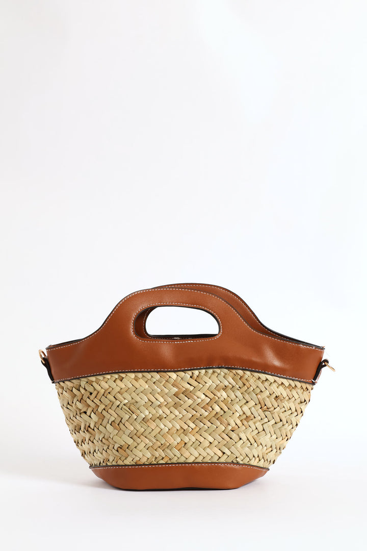 Straw Top Handle Tote Bag - Tan