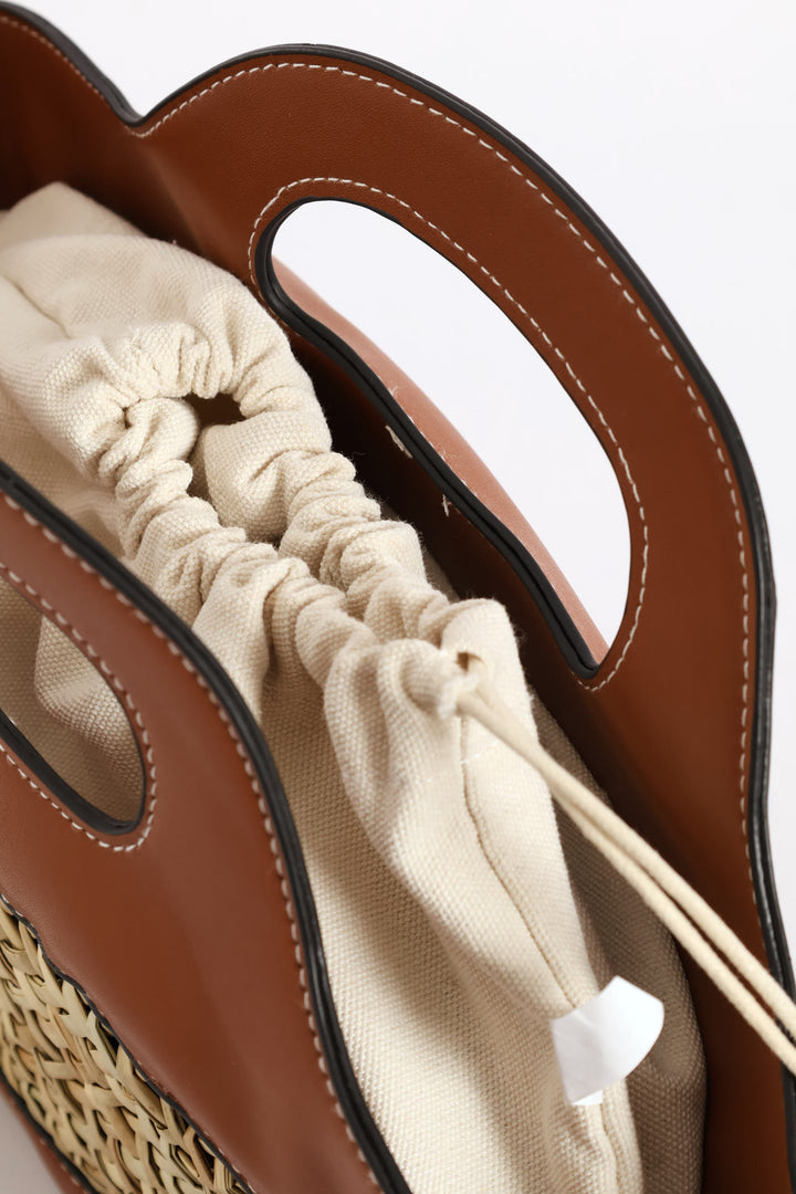Straw Top Handle Tote Bag - Tan