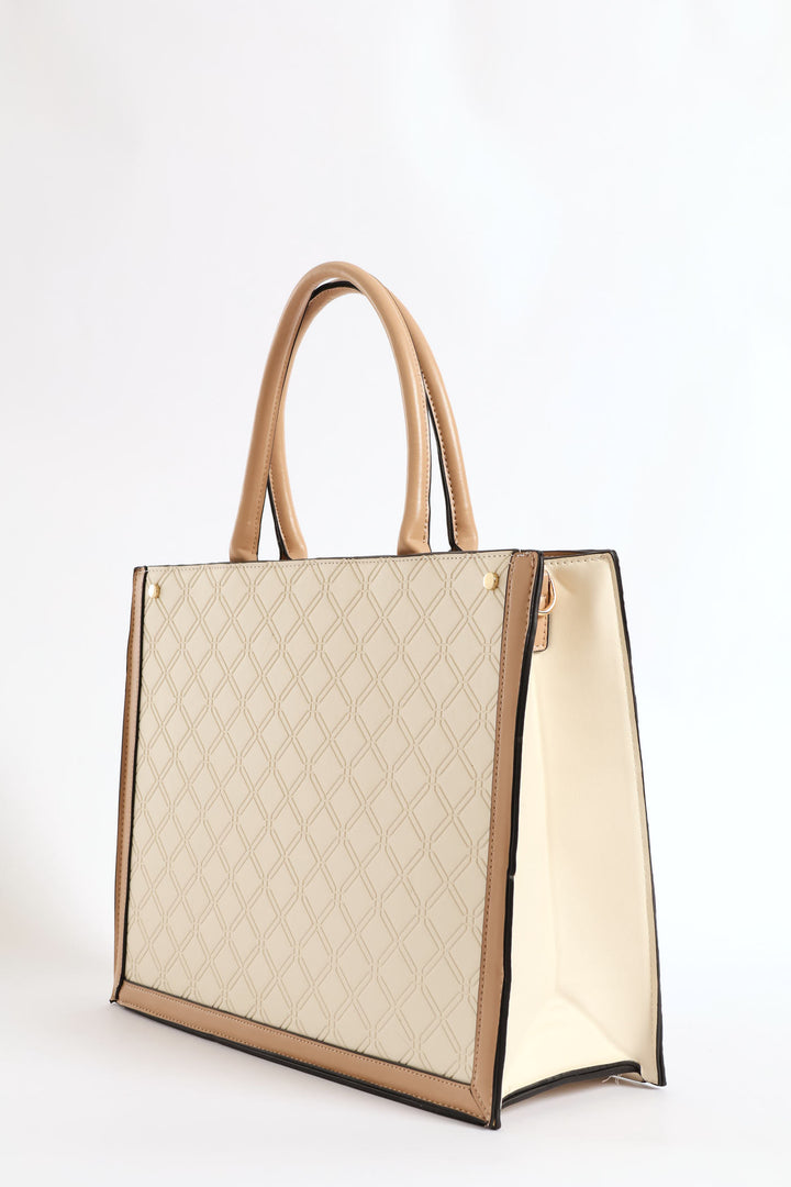 Top Handle Square Embossed Laptop Bag - Cream