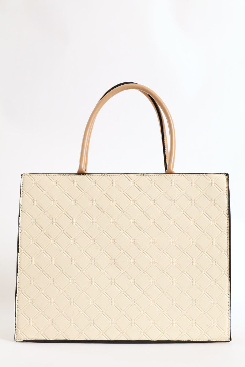 Top Handle Square Embossed Laptop Bag - Cream