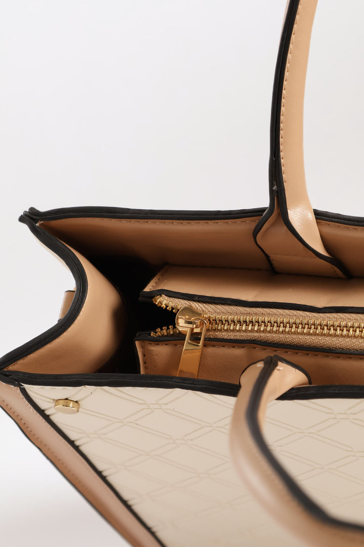 Top Handle Square Embossed Laptop Bag - Cream