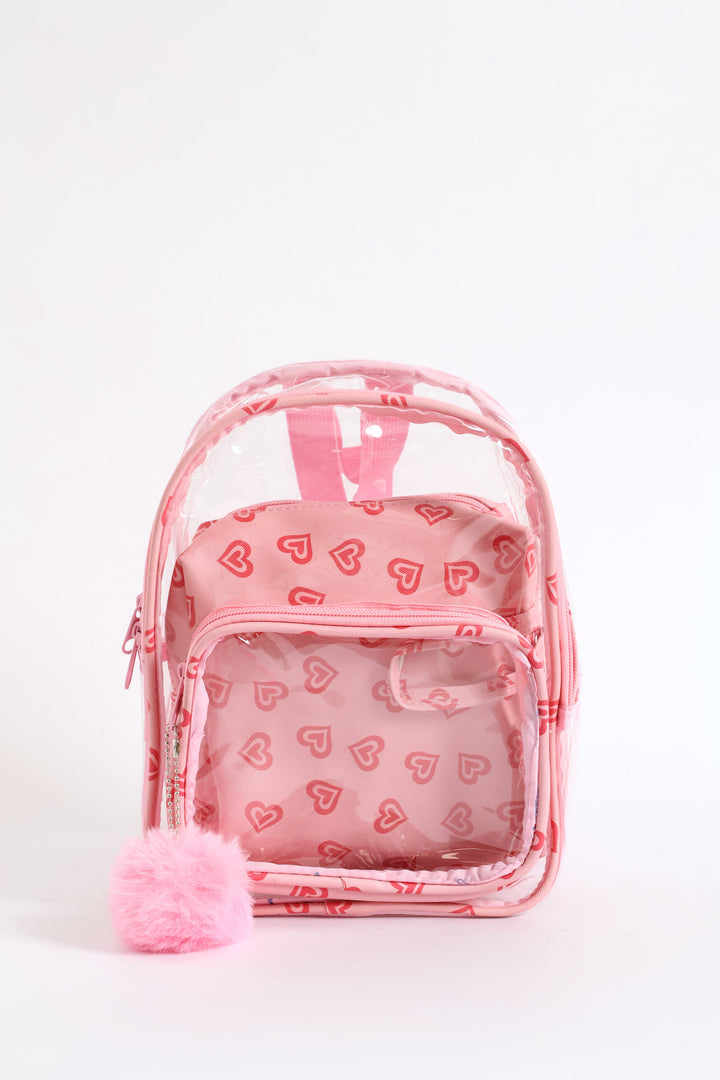 Girls Hearts Print Clear Backpack - Pink