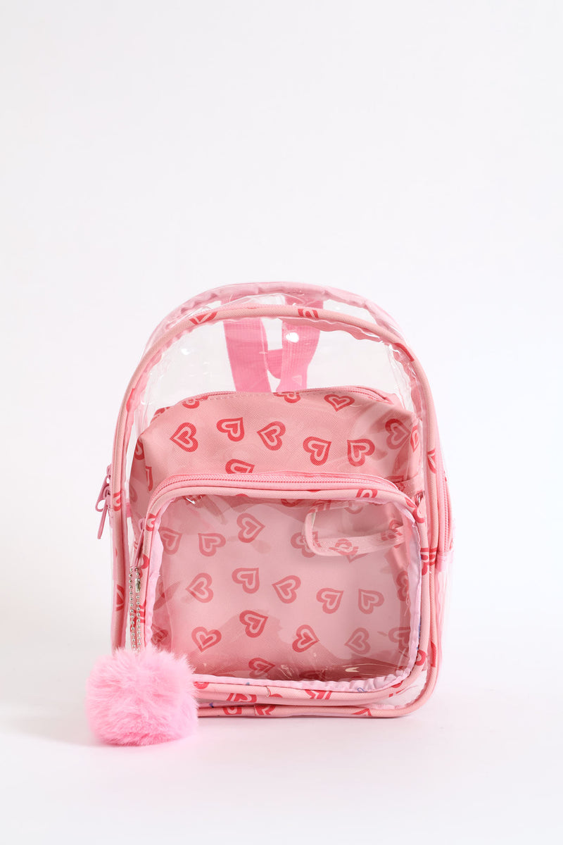 Girls Hearts Print Clear Backpack - Pink