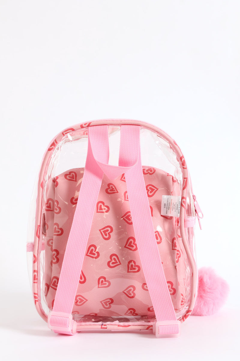 Girls Hearts Print Clear Backpack - Pink