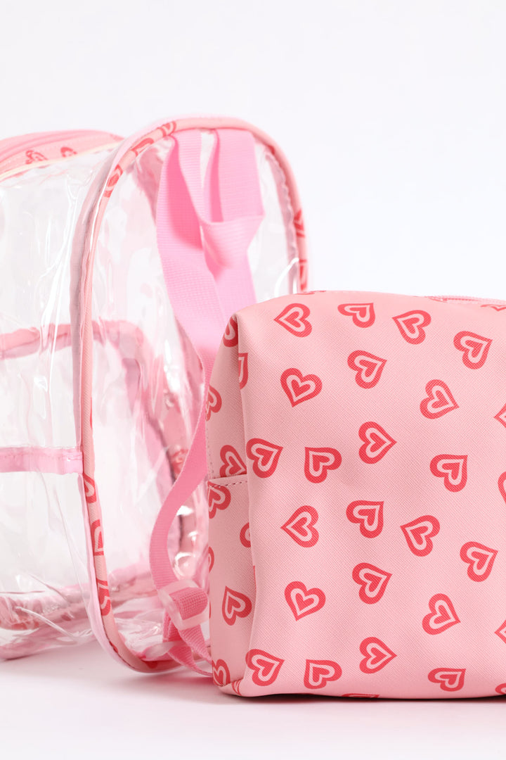 Girls Hearts Print Clear Backpack - Pink