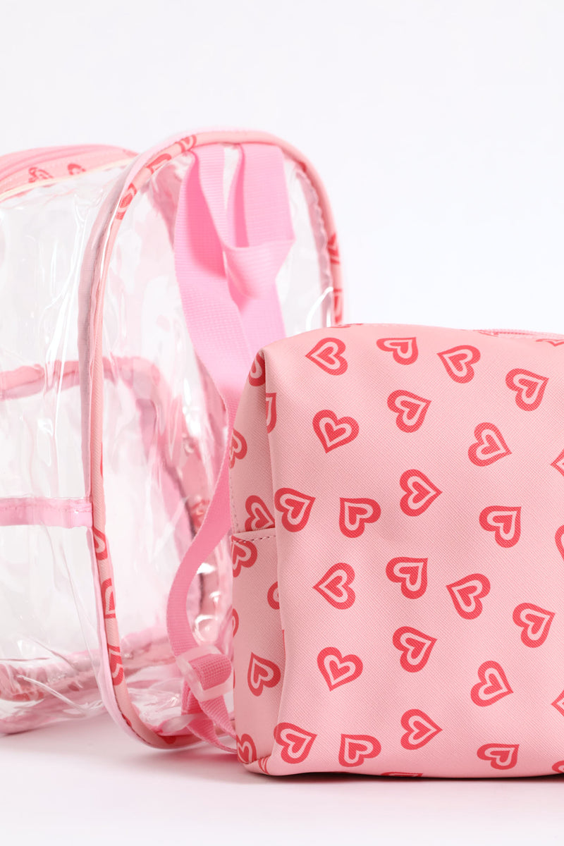 Girls Hearts Print Clear Backpack - Pink